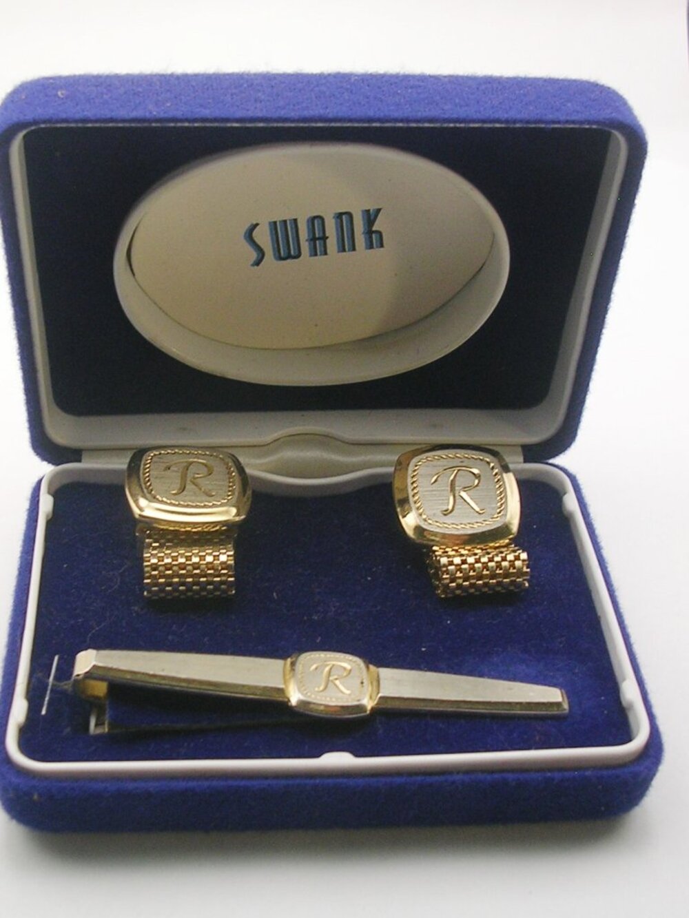 Vintage Initial R Cuff Links Tie Clip Set Mesh Wrap around classic Formal Wear